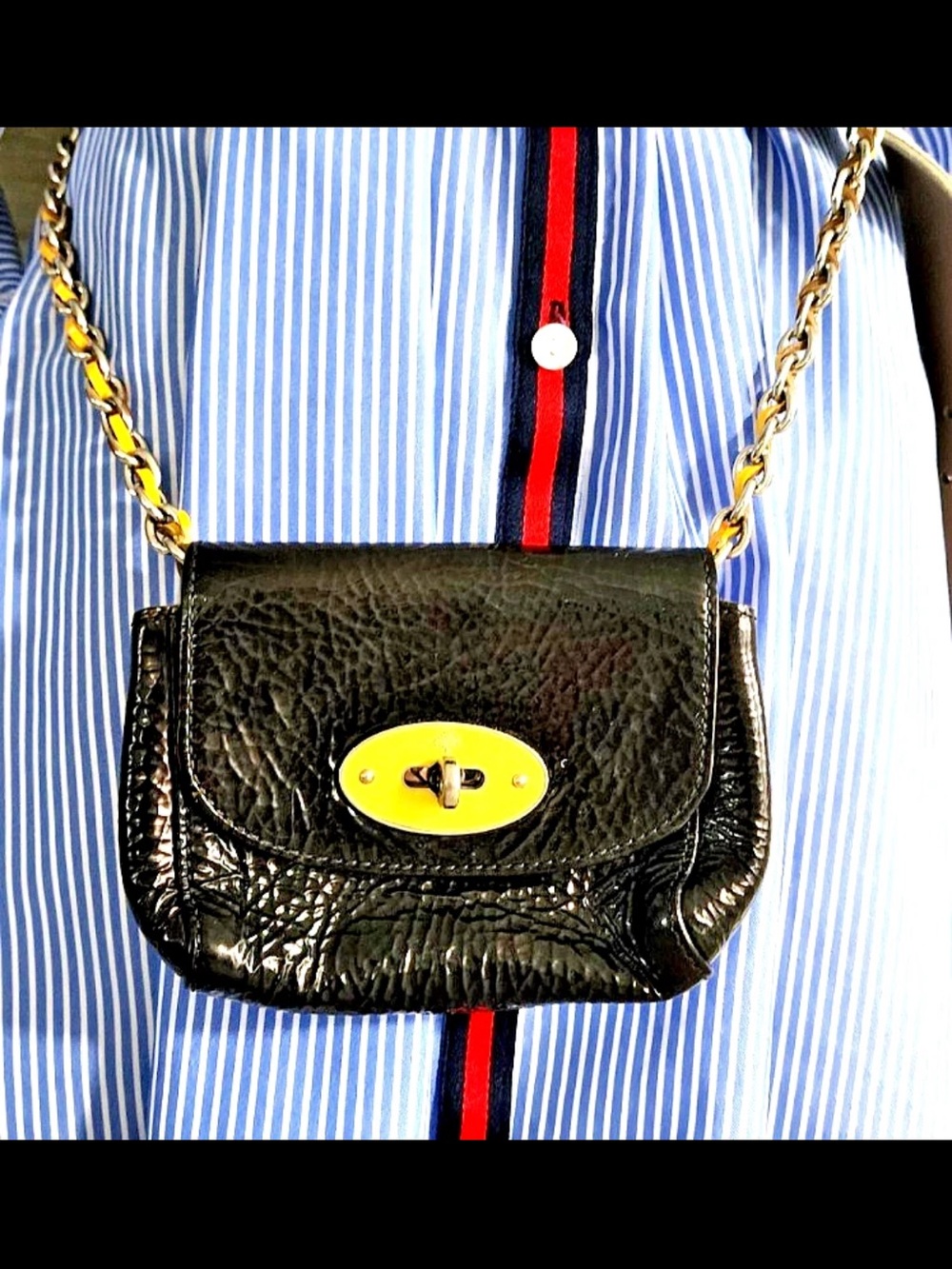 Mulberry Black Leather Crossbody with Gold Turnlock and Chain